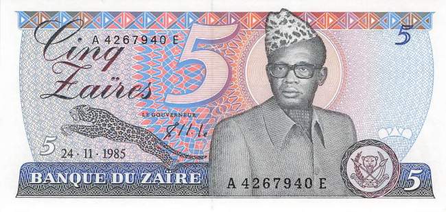 Zaire p26A 5 Zaires 1985 front